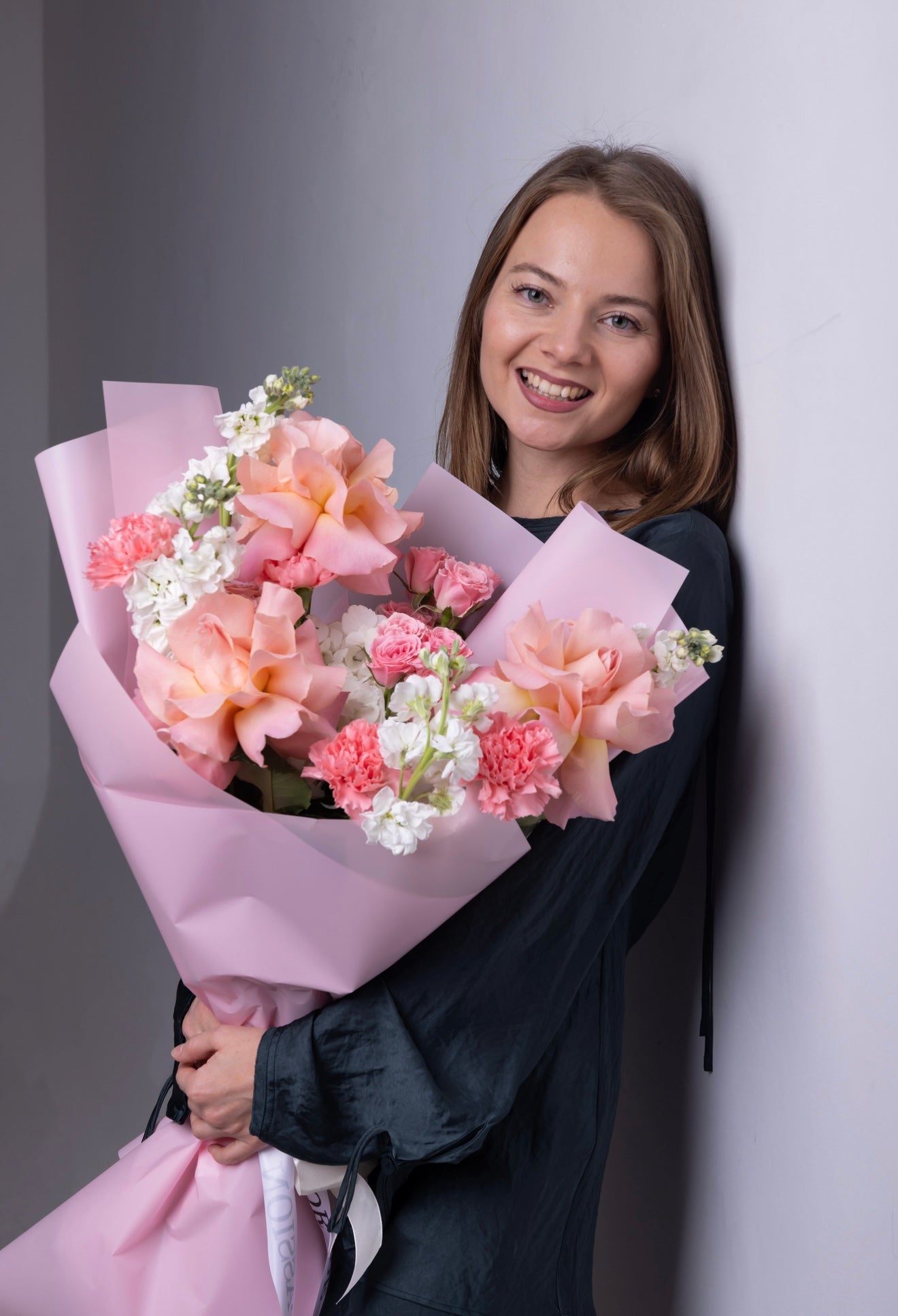 "Strawberry Mousse" Bouquet (French Rose, Hydrangea, Stocks, Spray Roses, Carnations)