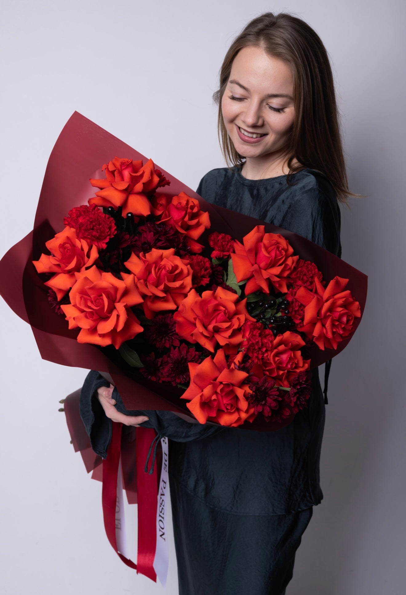 “Grand Passion” Bouquet  (French Roses, Dianthuses, Cushion, Hypericum)