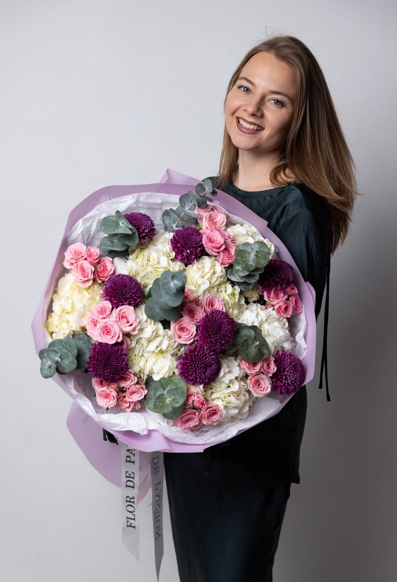 “Elegant Balance" Bouquet (Hydrangeas, Pink Spray Roses, Chrysanthemum, Eucalyptus)