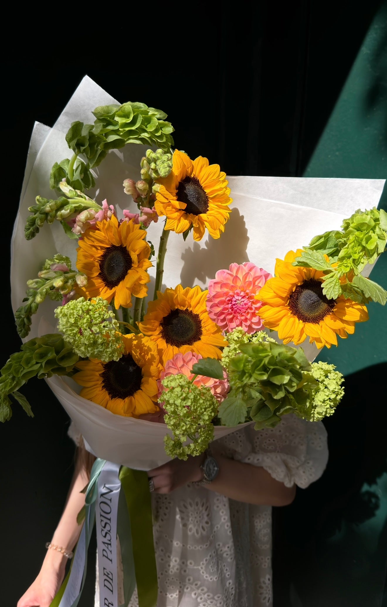 “Sun Drop” Bouquet (Viburnum, Dahlias, Snap, Hydrangea, Bells of Ireland, Sunflowers)