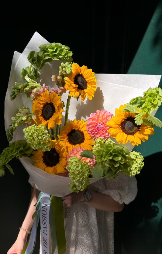 “Sun Drop” Bouquet (Viburnum,Dahlias,Snap,Hydrangea,Bells of Ireland,Sunflowers)