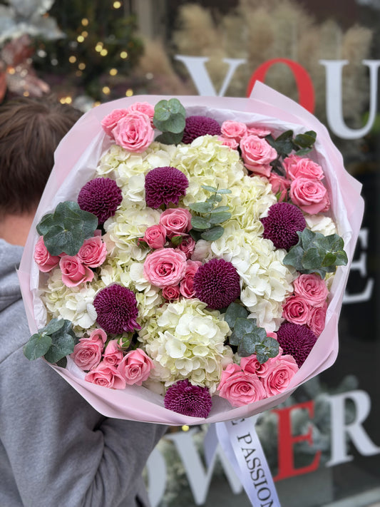 “Elegant Balance" Bouquet (Hydrangeas, Pink Spray Roses, Chrysanthemum, Eucalyptus)