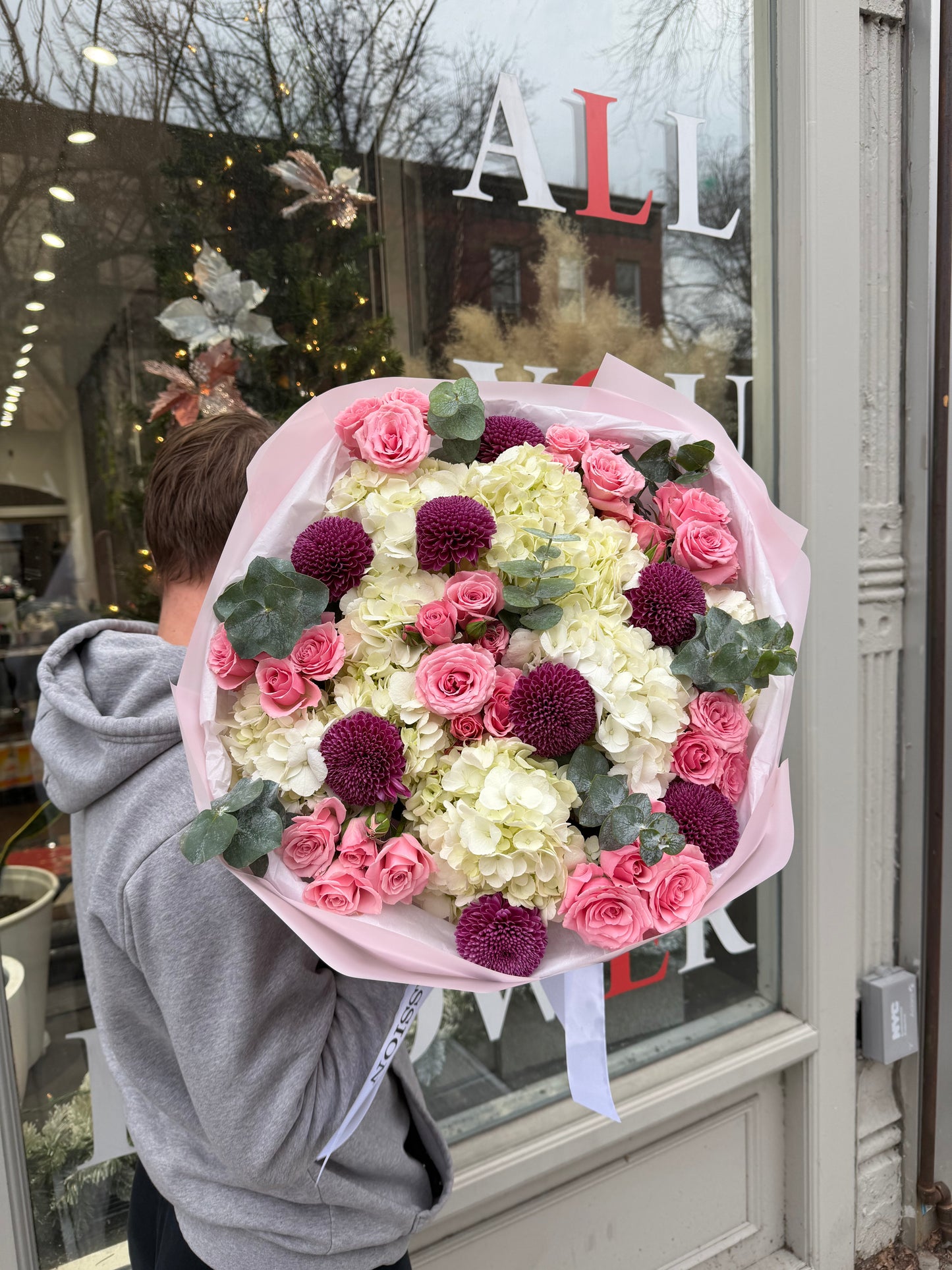 “Elegant Balance" Bouquet (Hydrangeas, Pink Spray Roses, Chrysanthemum, Eucalyptus)