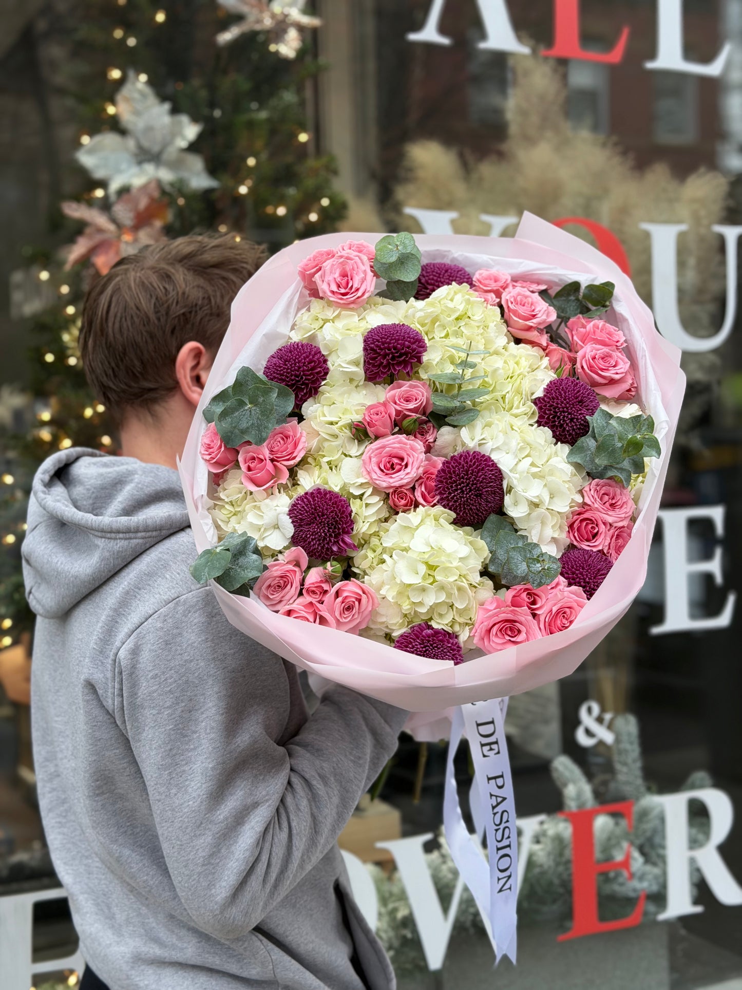 “Elegant Balance" Bouquet (Hydrangeas, Pink Spray Roses, Chrysanthemum, Eucalyptus)