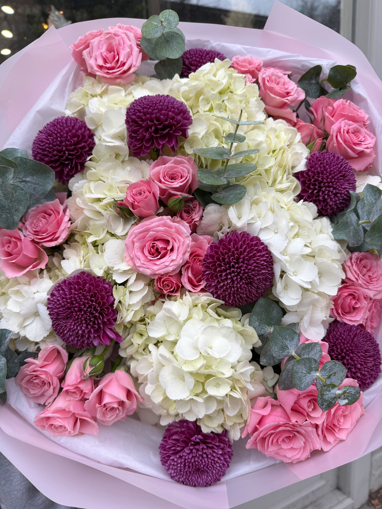 “Elegant Balance" Bouquet (Hydrangeas, Pink Spray Roses, Chrysanthemum, Eucalyptus)