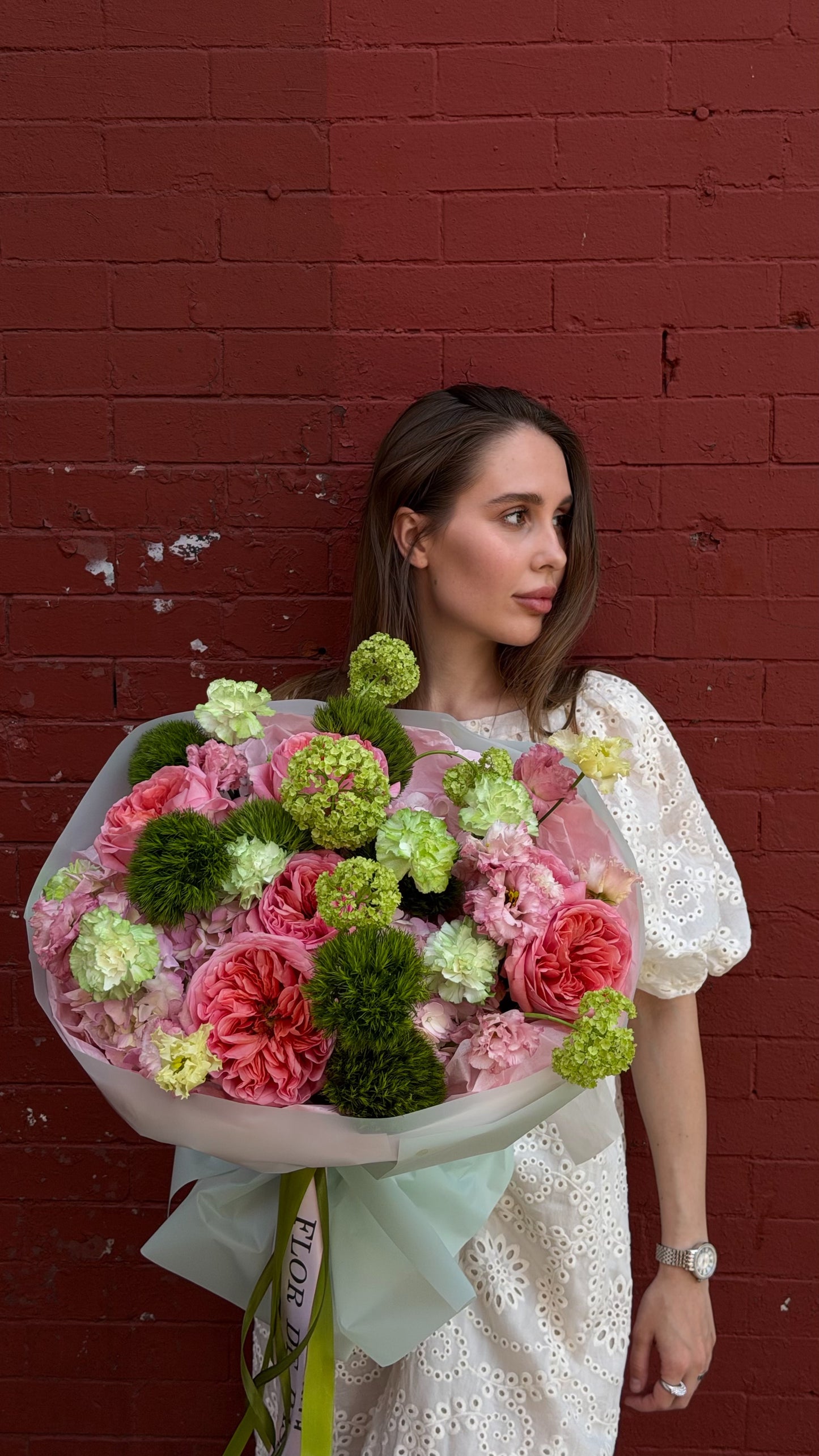 “Watermelon Sorbet” Bouquet (Viburnum, Pink Garden Roses, Green Balls, Lisianthus, Carnations, Hydrangeas)