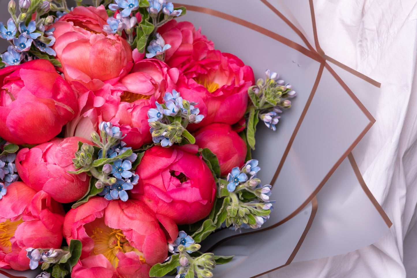 Bouquet of Coral Peonies & Tweedia