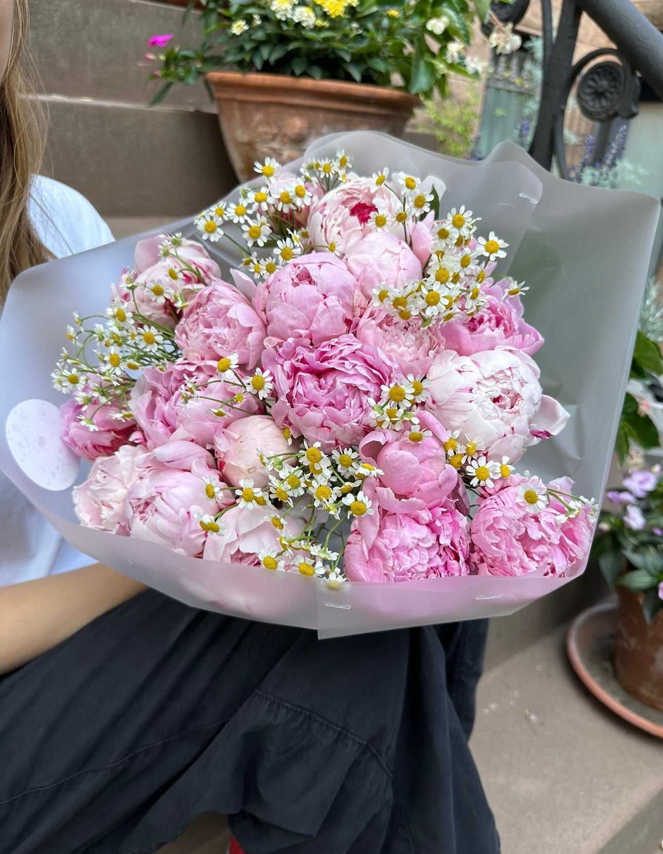 Bouquet of Pink Peonies with Chamomiles