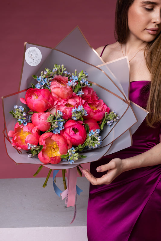 Bouquet of Coral Peonies & Tweedia