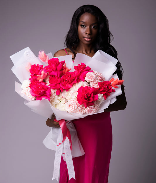 "Raspberry Souffle" Bouquet (hot pink French roses, hydrangeas, spray roses, ranunculus, dry flowers)