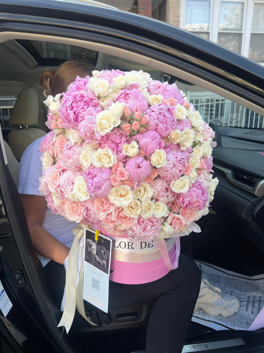 Box of Pink Peonies with Spray Roses in pink&white