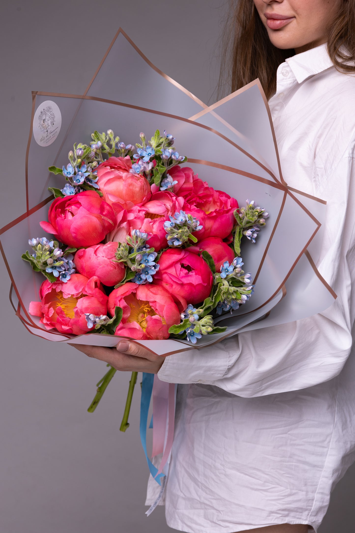 Bouquet of Coral Peonies & Tweedia